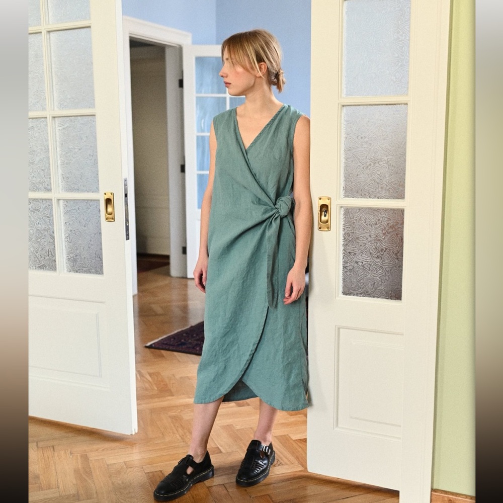 Linenfox ZOE Pine Green sleeveless wrap dress sz L-XL